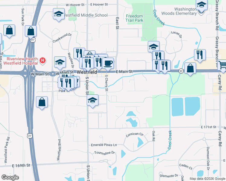 map of restaurants, bars, coffee shops, grocery stores, and more near 338 East Park Street in Westfield