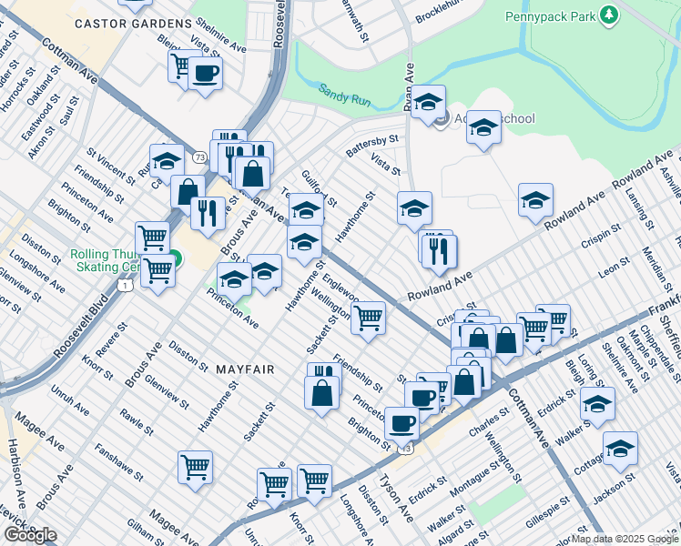 map of restaurants, bars, coffee shops, grocery stores, and more near 3128 Cottman Avenue in Philadelphia