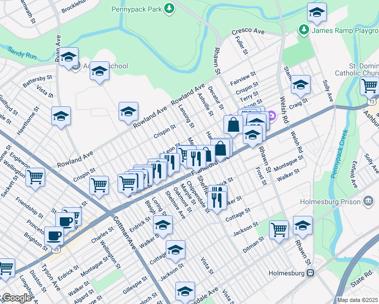 map of restaurants, bars, coffee shops, grocery stores, and more near 3529 Sheffield Avenue in Philadelphia