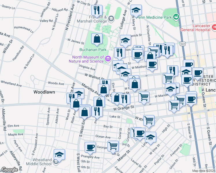 map of restaurants, bars, coffee shops, grocery stores, and more near 250 College Avenue in Lancaster