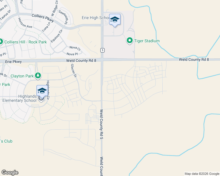 map of restaurants, bars, coffee shops, grocery stores, and more near 2836 County Road 5 in Erie