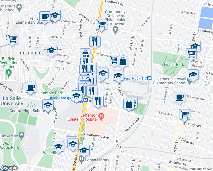 map of restaurants, bars, coffee shops, grocery stores, and more near 5750 North Camac Street in Philadelphia