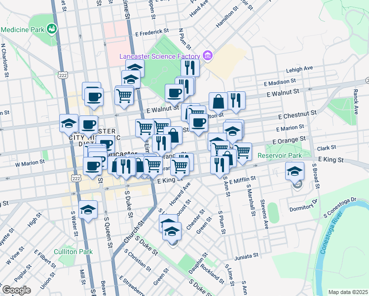 map of restaurants, bars, coffee shops, grocery stores, and more near 329 East Orange Street in Lancaster