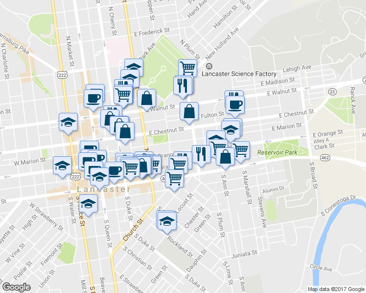 map of restaurants, bars, coffee shops, grocery stores, and more near 329 East Orange Street in Lancaster