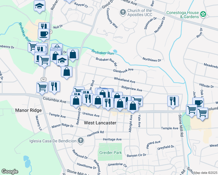 map of restaurants, bars, coffee shops, grocery stores, and more near 1820 Ridgeview Avenue in Lancaster