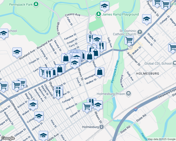 map of restaurants, bars, coffee shops, grocery stores, and more near 8036 Erdrick Street in Philadelphia