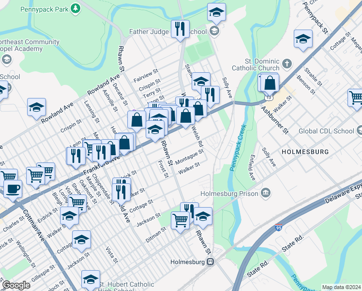 map of restaurants, bars, coffee shops, grocery stores, and more near 8036 Erdrick Street in Philadelphia