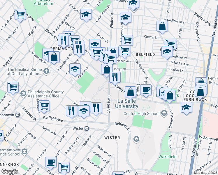 map of restaurants, bars, coffee shops, grocery stores, and more near 734 Penn Boulevard in Philadelphia