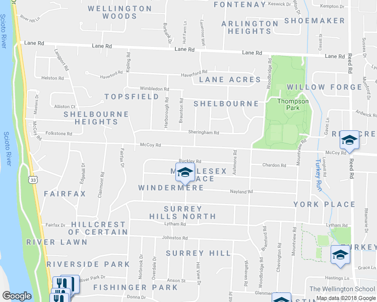 map of restaurants, bars, coffee shops, grocery stores, and more near 2333 McCoy Road in Columbus