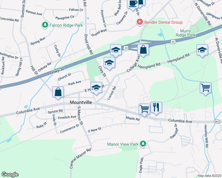 map of restaurants, bars, coffee shops, grocery stores, and more near 71 College Avenue in Mountville