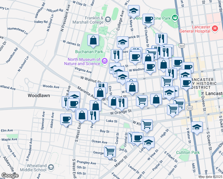 map of restaurants, bars, coffee shops, grocery stores, and more near 239 Elm Street in Lancaster