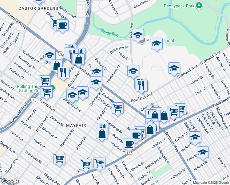 map of restaurants, bars, coffee shops, grocery stores, and more near 7300 Sackett Street in Philadelphia