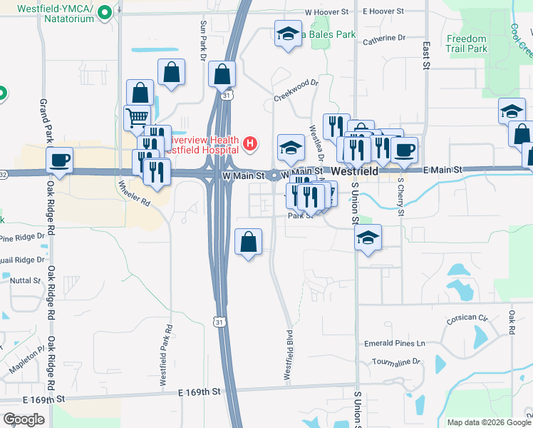 map of restaurants, bars, coffee shops, grocery stores, and more near 221 Westfield Boulevard in Westfield