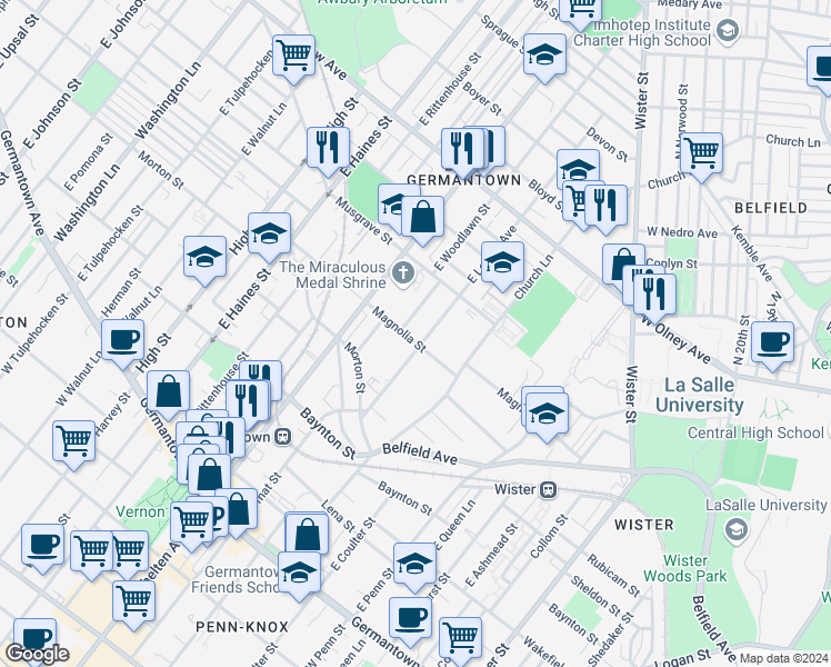 map of restaurants, bars, coffee shops, grocery stores, and more near 501 East Locust Avenue in Philadelphia