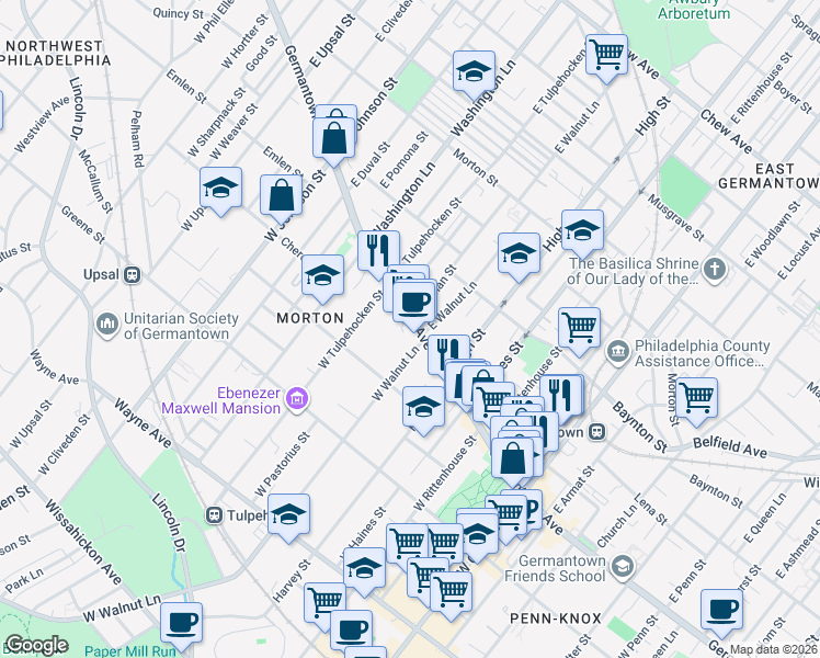 map of restaurants, bars, coffee shops, grocery stores, and more near 25 East Walnut Lane in Philadelphia