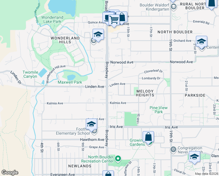 map of restaurants, bars, coffee shops, grocery stores, and more near 1210 Linden Avenue in Boulder
