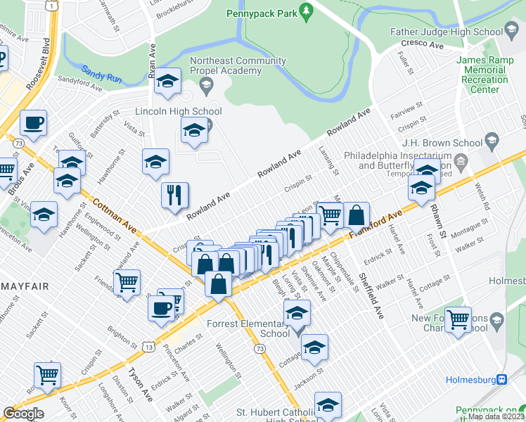 map of restaurants, bars, coffee shops, grocery stores, and more near 3408 Shelmire Avenue in Philadelphia