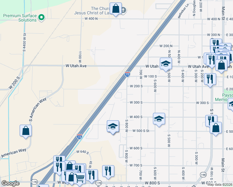 map of restaurants, bars, coffee shops, grocery stores, and more near 215 South Majestic Meadows Drive in Payson