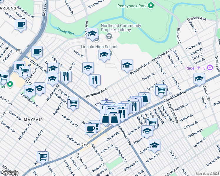 map of restaurants, bars, coffee shops, grocery stores, and more near 3300 Tudor Street in Philadelphia