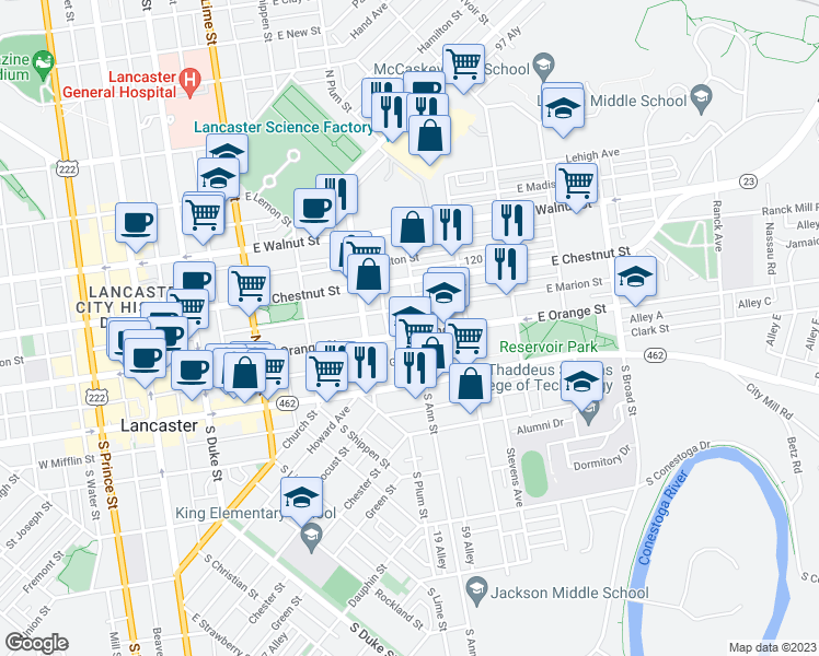 map of restaurants, bars, coffee shops, grocery stores, and more near 449 East Orange Street in Lancaster