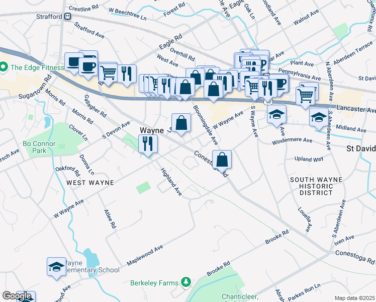 map of restaurants, bars, coffee shops, grocery stores, and more near 1 Wicklow Court in Wayne