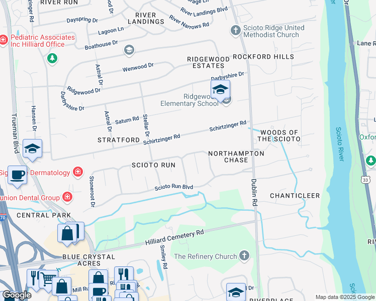 map of restaurants, bars, coffee shops, grocery stores, and more near 4238 Goldenseal Way in Hilliard