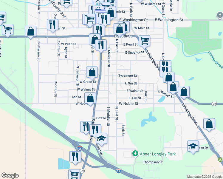 map of restaurants, bars, coffee shops, grocery stores, and more near 900 South Meridian Street in Lebanon