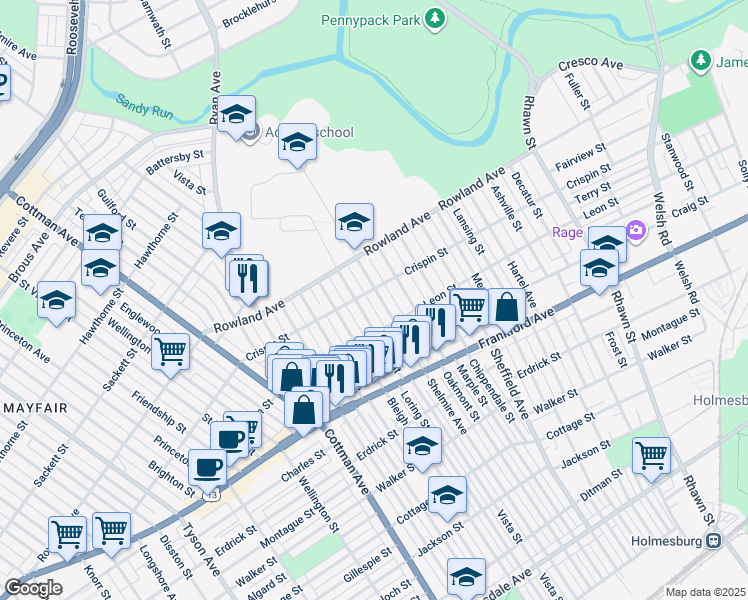 map of restaurants, bars, coffee shops, grocery stores, and more near 3408 Shelmire Avenue in Philadelphia