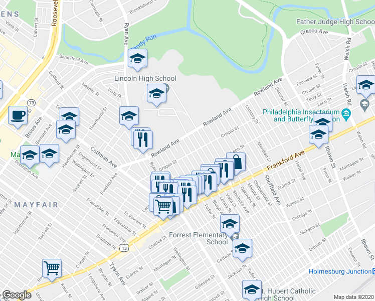 map of restaurants, bars, coffee shops, grocery stores, and more near 3329 Bleigh Avenue in Philadelphia
