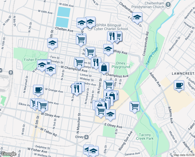 map of restaurants, bars, coffee shops, grocery stores, and more near 128 Linton Street in Philadelphia
