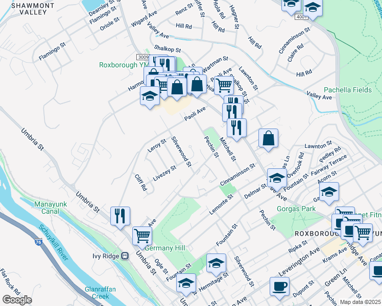 map of restaurants, bars, coffee shops, grocery stores, and more near 404 Livezey Street in Philadelphia