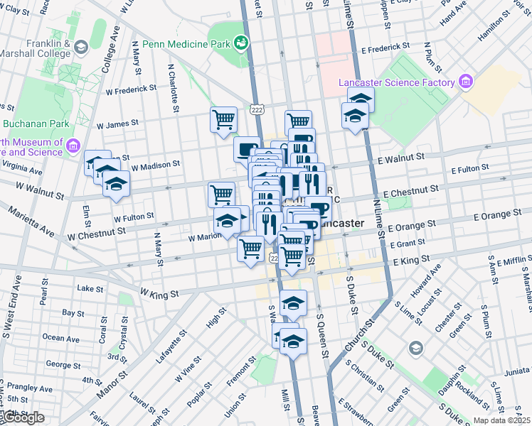 map of restaurants, bars, coffee shops, grocery stores, and more near 104 West Chestnut Street in Lancaster