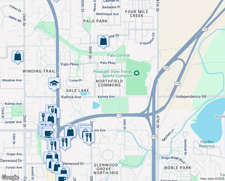 map of restaurants, bars, coffee shops, grocery stores, and more near 3245 Kalmia Avenue in Boulder