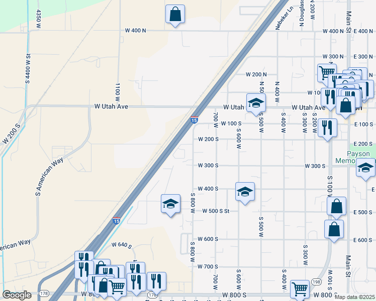 map of restaurants, bars, coffee shops, grocery stores, and more near 251 South 800 West in Payson