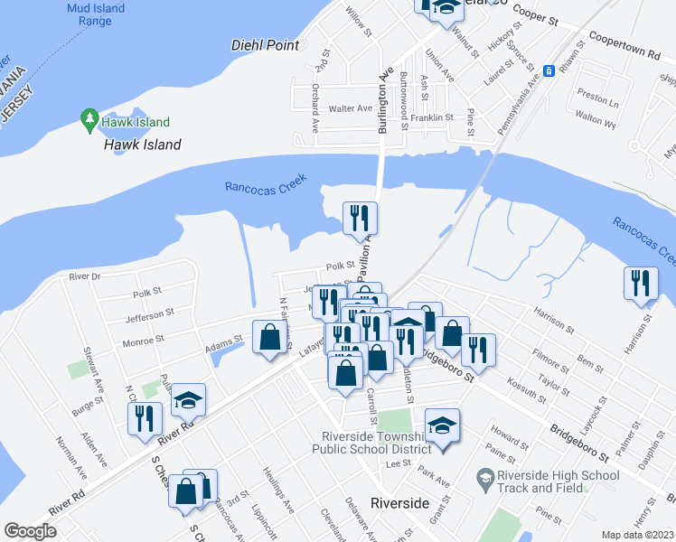 map of restaurants, bars, coffee shops, grocery stores, and more near 30 Polk Street in Riverside