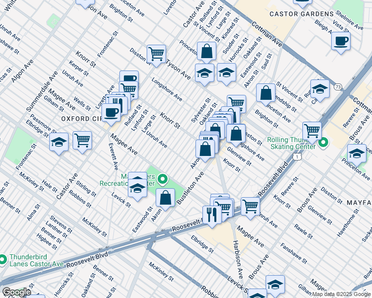 map of restaurants, bars, coffee shops, grocery stores, and more near 6742 Eastwood Street in Philadelphia