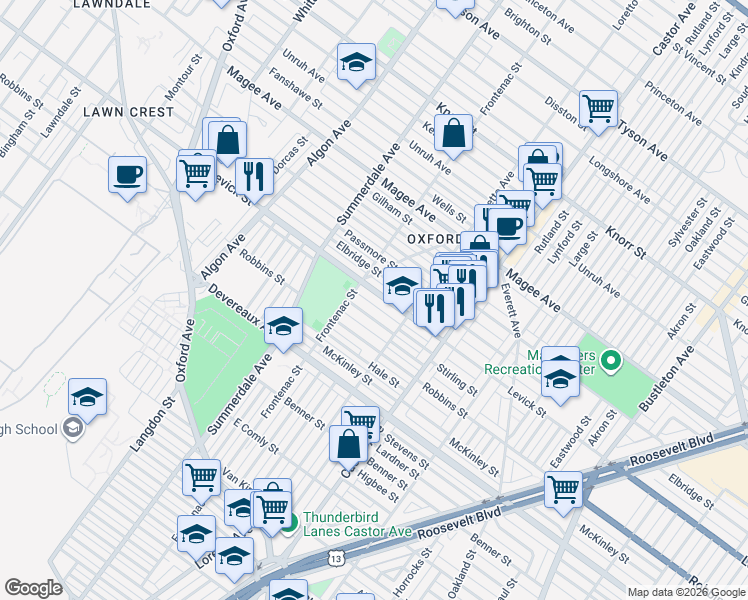 map of restaurants, bars, coffee shops, grocery stores, and more near 1202 Levick Street in Philadelphia