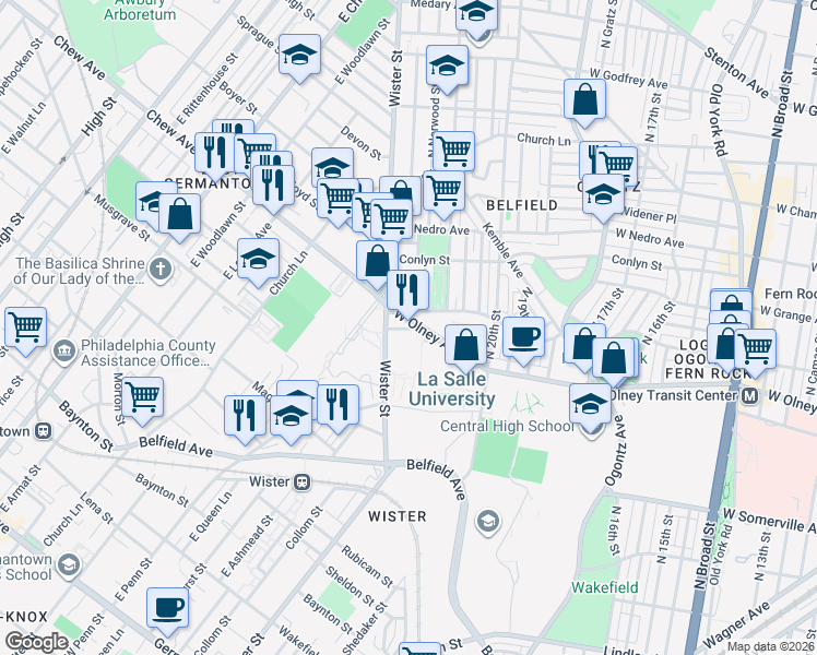 map of restaurants, bars, coffee shops, grocery stores, and more near 2145 Elkins Avenue in Philadelphia