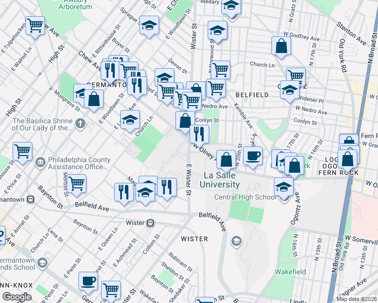 map of restaurants, bars, coffee shops, grocery stores, and more near 734 Penn Boulevard in Philadelphia