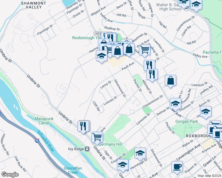 map of restaurants, bars, coffee shops, grocery stores, and more near 6962 Fowler Street in Philadelphia