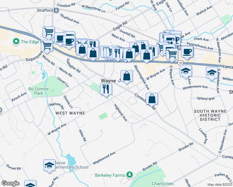 map of restaurants, bars, coffee shops, grocery stores, and more near 311 West Wayne Avenue in Wayne