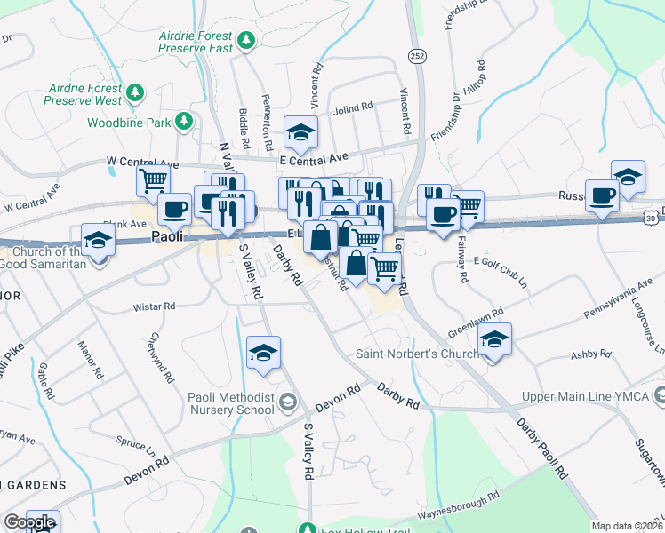 map of restaurants, bars, coffee shops, grocery stores, and more near 32 Chestnut Road in Paoli