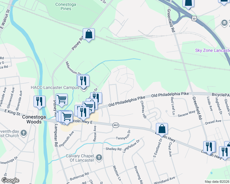 map of restaurants, bars, coffee shops, grocery stores, and more near 125 Highview Drive in Lancaster