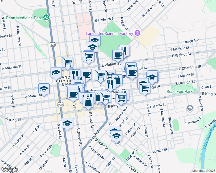 map of restaurants, bars, coffee shops, grocery stores, and more near 232 East Marion Street in Lancaster