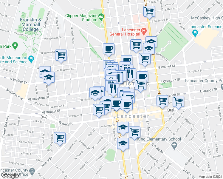 map of restaurants, bars, coffee shops, grocery stores, and more near 59 West Chestnut Street in Lancaster