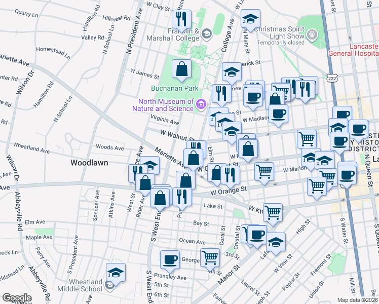 map of restaurants, bars, coffee shops, grocery stores, and more near 250 College Avenue in Lancaster