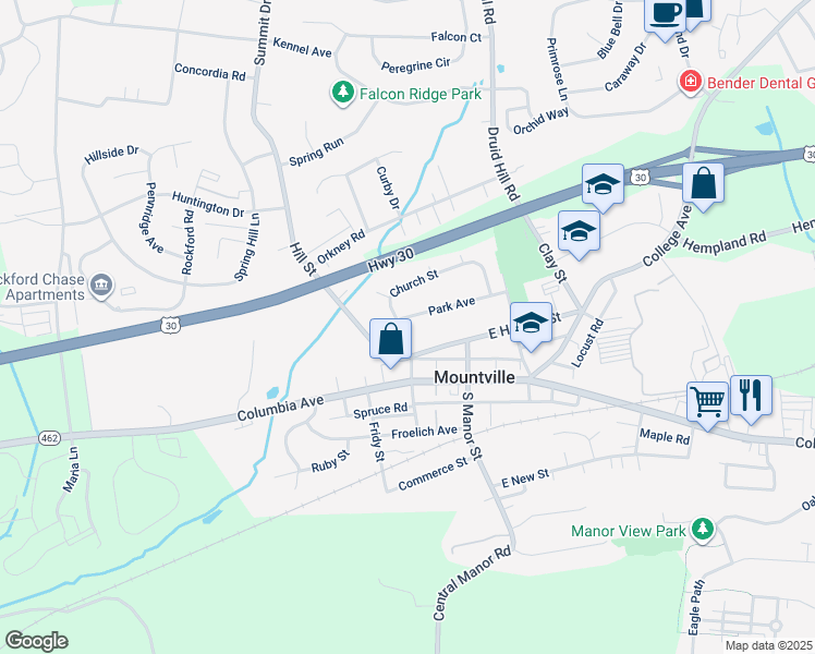 map of restaurants, bars, coffee shops, grocery stores, and more near 113 North Church Street in Mountville