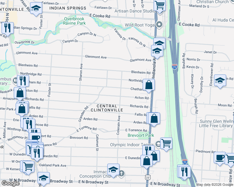 map of restaurants, bars, coffee shops, grocery stores, and more near 465 Chatham Road in Columbus