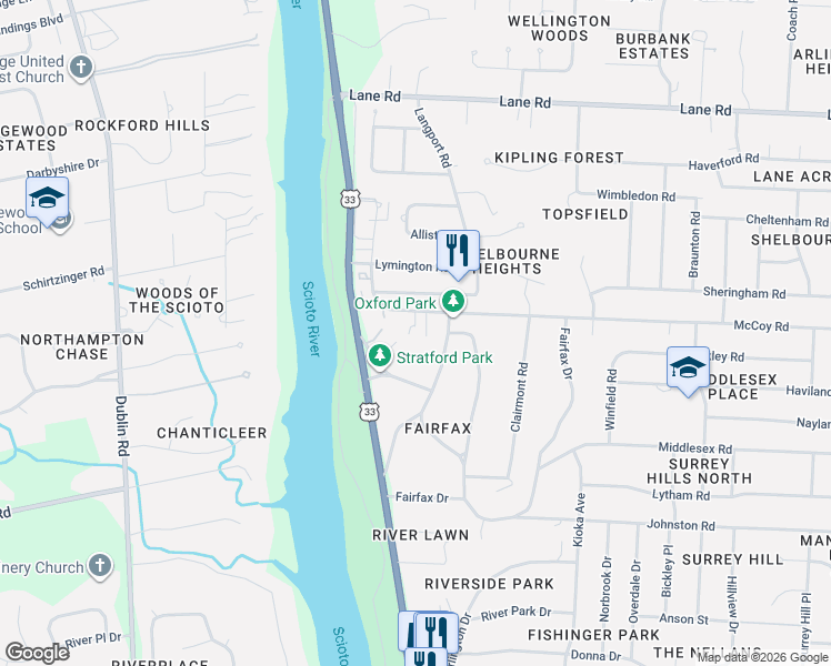 map of restaurants, bars, coffee shops, grocery stores, and more near 2797 McCoy Road in Columbus