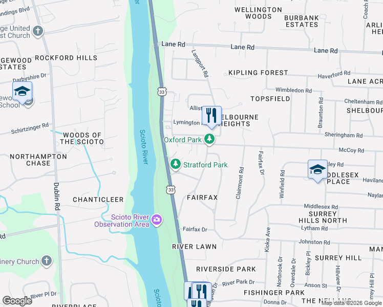map of restaurants, bars, coffee shops, grocery stores, and more near 2797 McCoy Road in Columbus